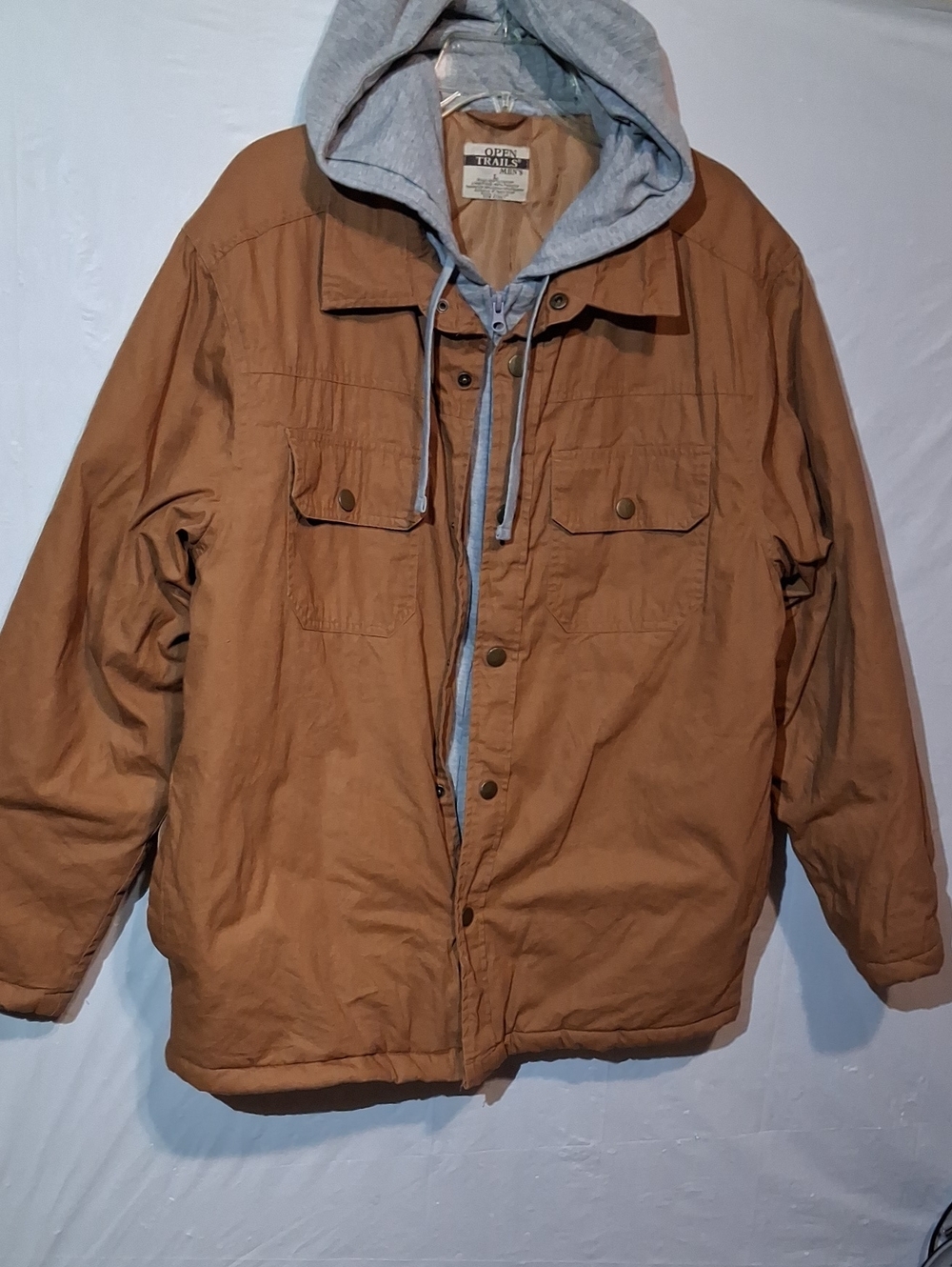 ✨Open Trails Men's Hooded Canvas Work Jacket Brown Tan Size Large Quilted Lined✨
